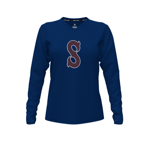 [CUS-DFW-TEES-CMF-VNK-LSL-NVY-FYXS-LOGO1] Comfort T-Shirt (Female Youth XS, Navy, V Neck, Logo 1, Long Sleeve)