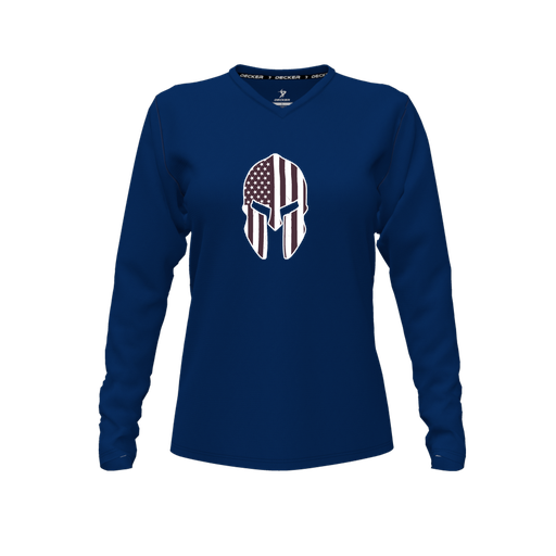 [CUS-DFW-TEES-CMF-VNK-LSL-NVY-FYXS-LOGO3] Comfort T-Shirt (Female Youth XS, Navy, V Neck, Logo 3, Long Sleeve)