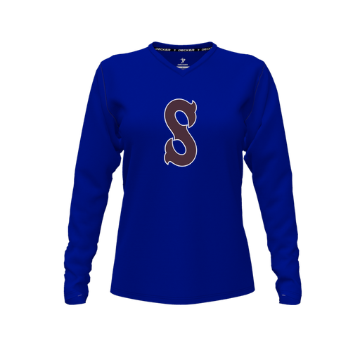 [CUS-DFW-TEES-CMF-VNK-LSL-RYL-FYXS-LOGO1] Decker Comfort T-Shirt (Female Youth XS, Royal, V Neck, Logo 1, Long Sleeve)