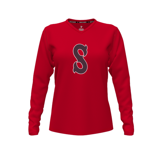 [CUS-DFW-TEES-PER-VNK-LSL-RED-FYXS-LOGO1] Performance T-Shirt (Female Youth XS, Red, V Neck, Logo 1, Long Sleeve)