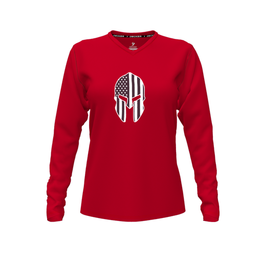 [FTLVPTRD-FYXS-LOGO3] Decker Performance T-Shirt (Female Youth XS, Red, V Neck, Logo 3, Long Sleeve)