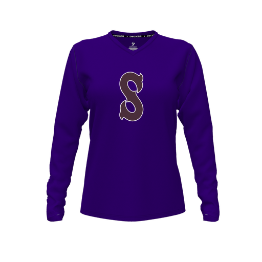 [CUS-DFW-TEES-PER-VNK-LSL-PUR-FYXS-LOGO1] Performance T-Shirt (Female Youth XS, Purple, V Neck, Logo 1, Long Sleeve)